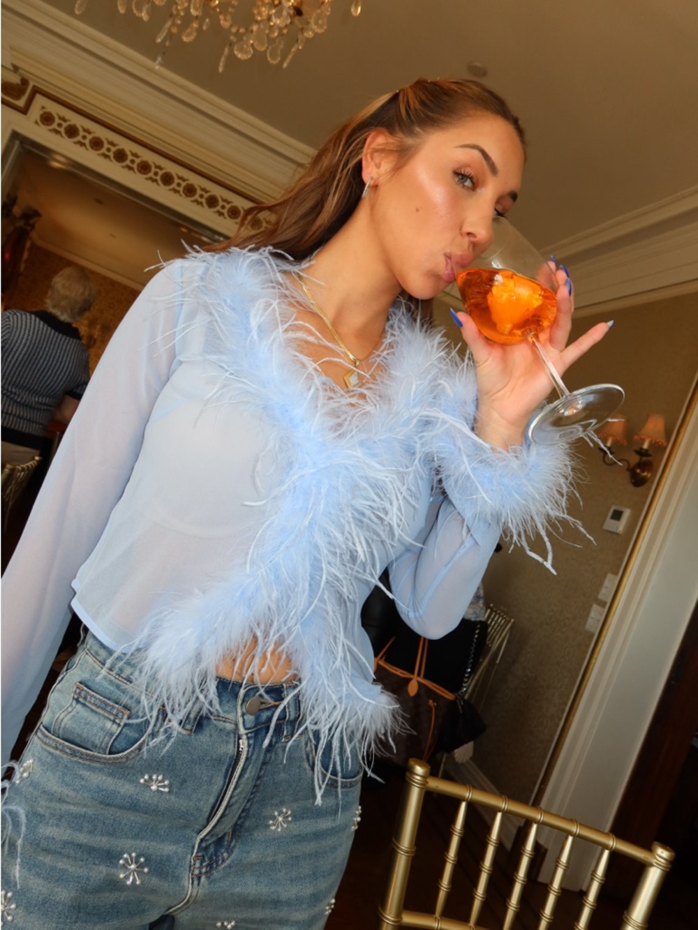 Feather-Trim Sheer Light Blue Wrap Blouse